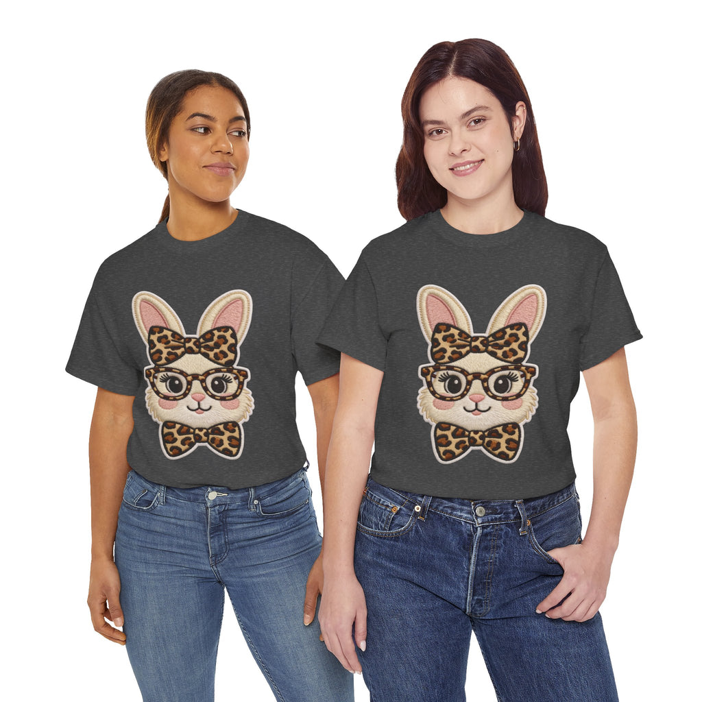 Leopard Bow Bunny Embroidered Tee — Cute Bunny Face with Glasses Patch Unisex Cotton Tee
