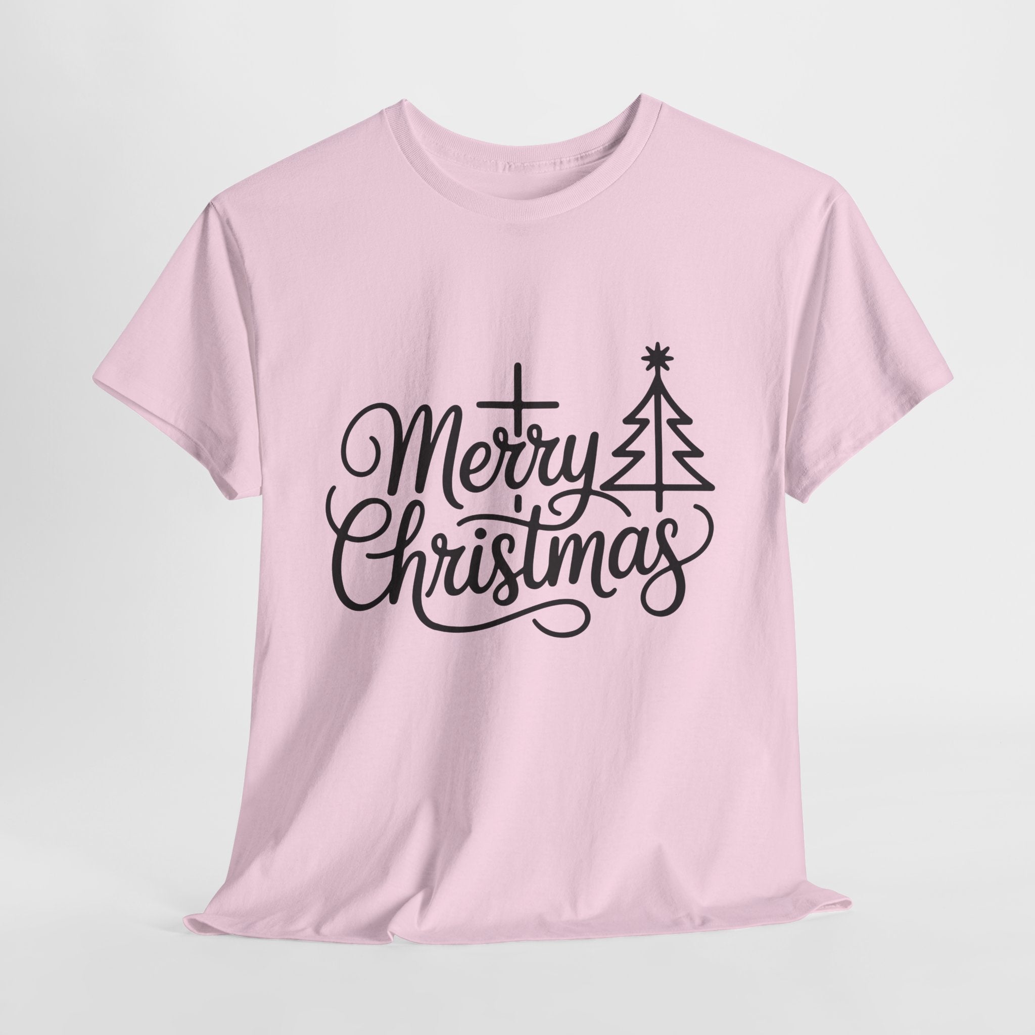 Merry Christmas Script T-Shirt with Cross & Tree(Unisex Cotton Tee)
