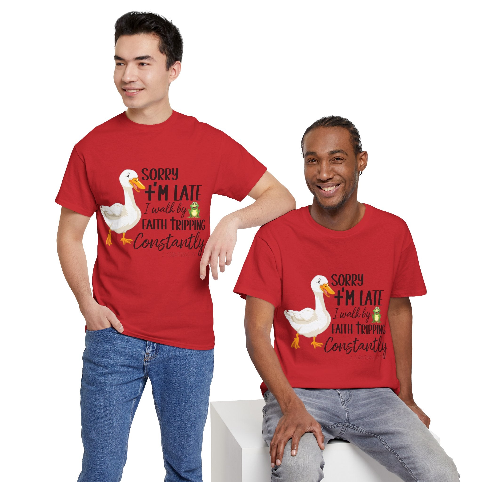 Christian Humor T-Shirt — “Sorry I’m Late, I Walk by Faith Tripping Constantly” (Duck & Frog). Unisex Cotton Tee