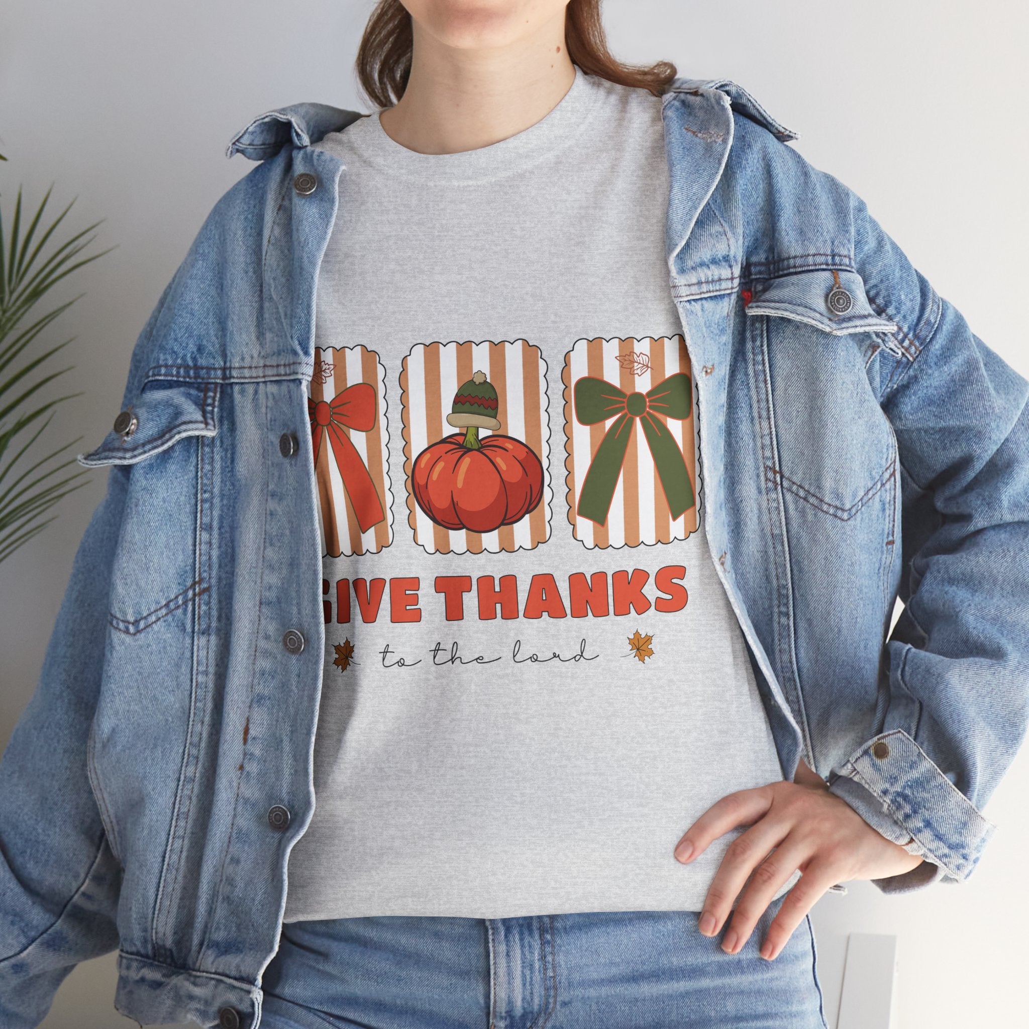 Give Thanks Thanksgiving T-Shirt — Pumpkin with Hat & Bows Unisex Cotton Tee