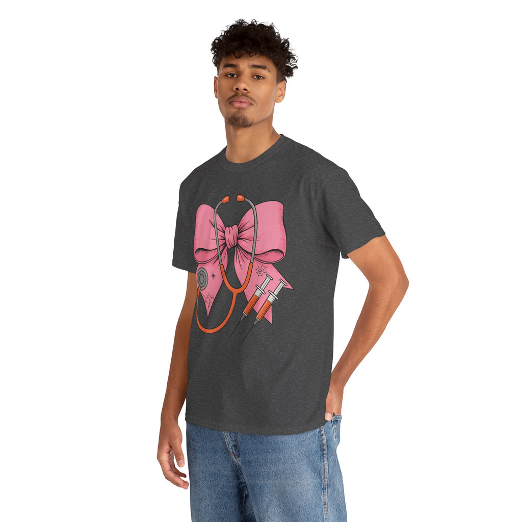 Halloween Nurse T‑Shirt — Pink Nurse Bow with Stethoscope, Syringes & Spider Webs..Unisex Cotton Tee
