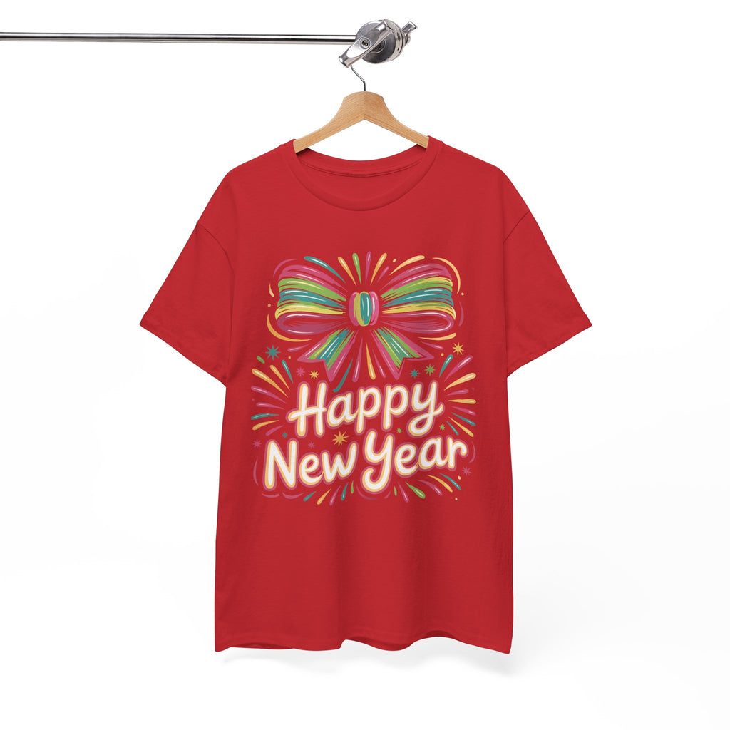 Happy New Year Pastel Tee — Rainbow Bow & Fireworks Celebration Unisex Cotton Tshirt