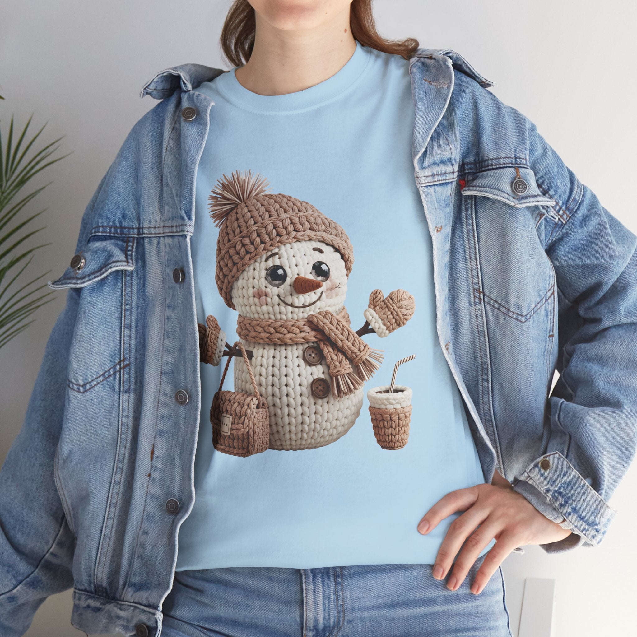Snowman Knit‑Style Graphic Tee — Cute Faux‑Yarn Snowman with Hat, Scarf & Mittens.Unisex Cotton Tee