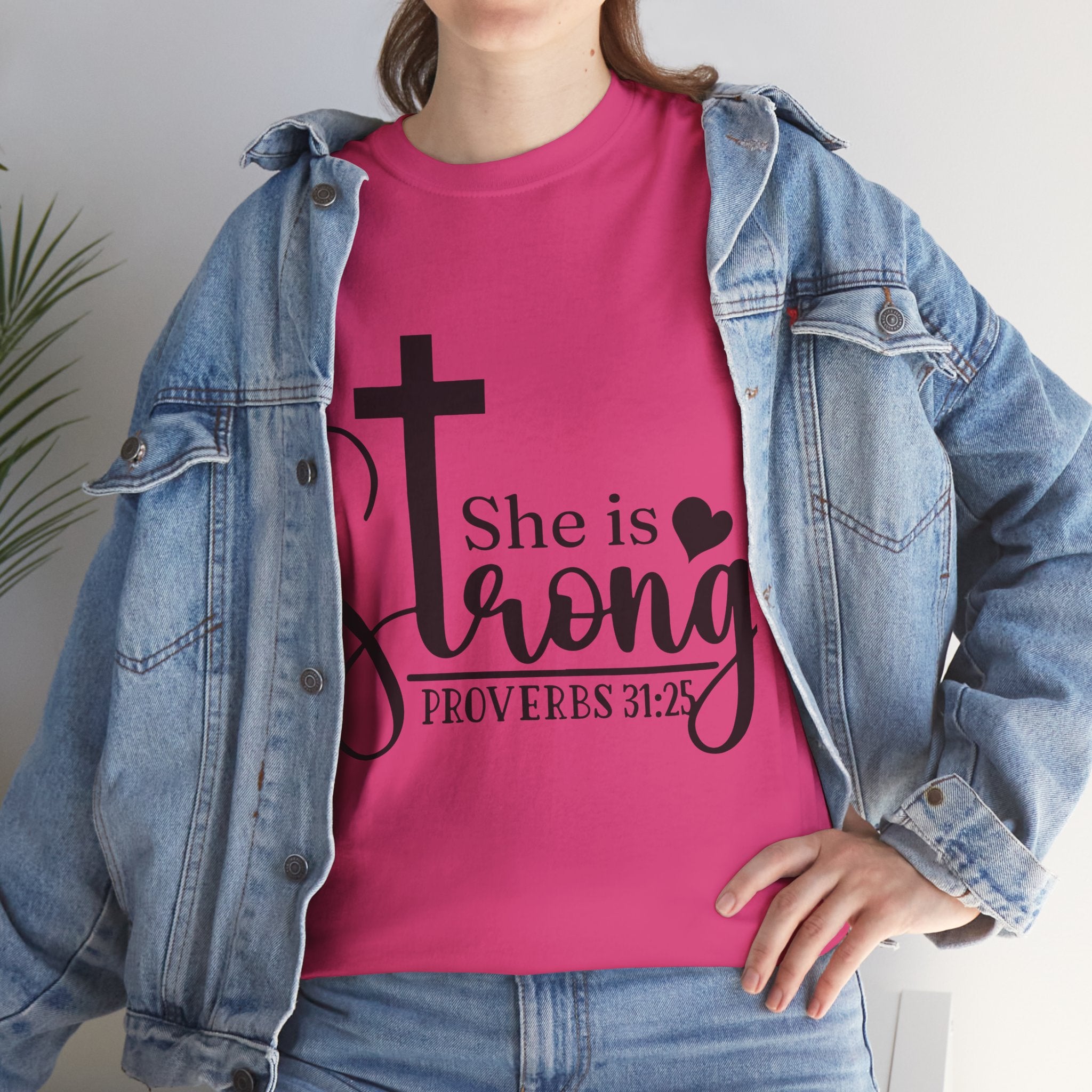 Proverbs 31:25 'She is Strong' T-Shirt – Christian Cross & Heart Unisex Cotton Tee