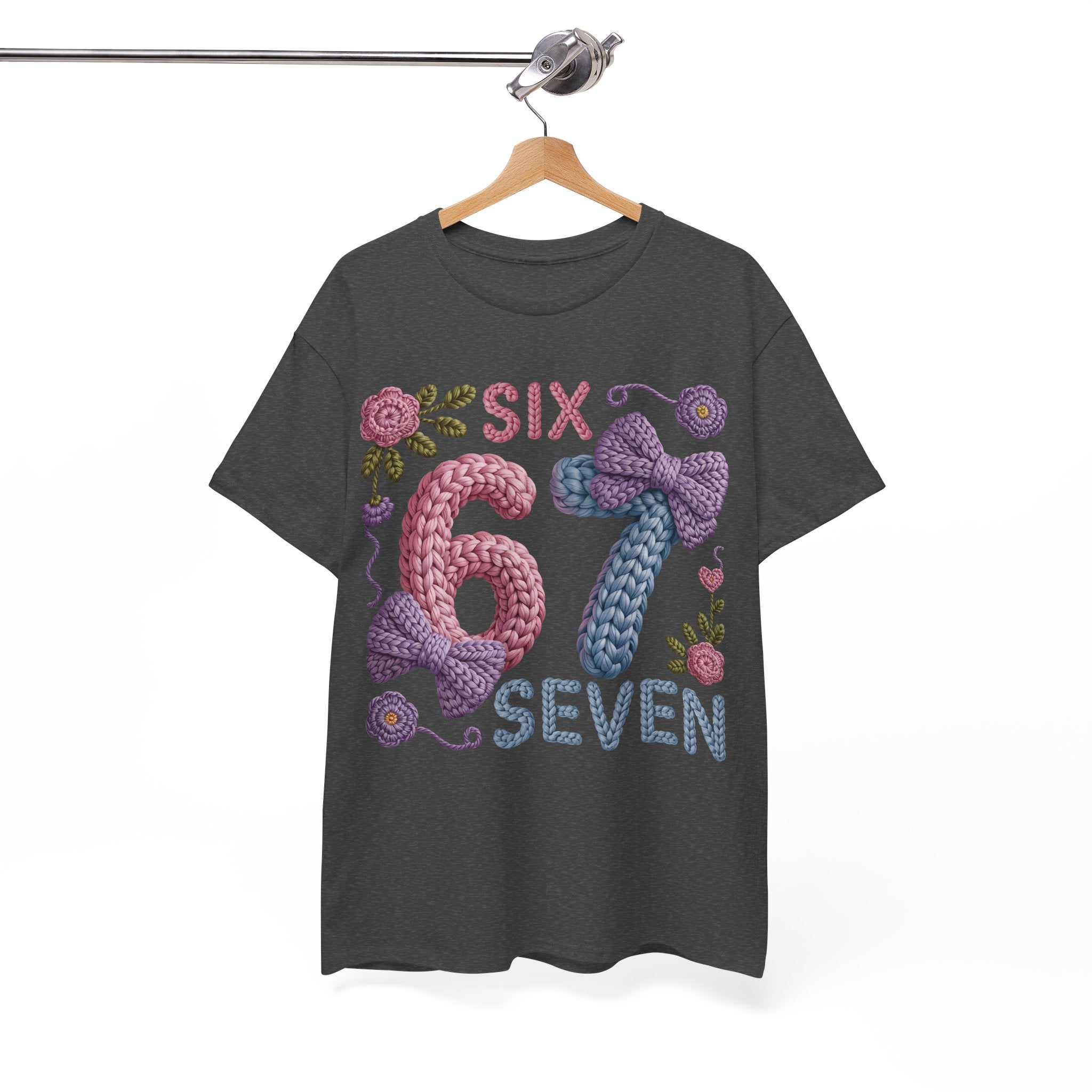 Pastel Crochet Numbers 6 & 7 Tee — Faux-Yarn Bows & Flowers. Unisex Cotton Tee