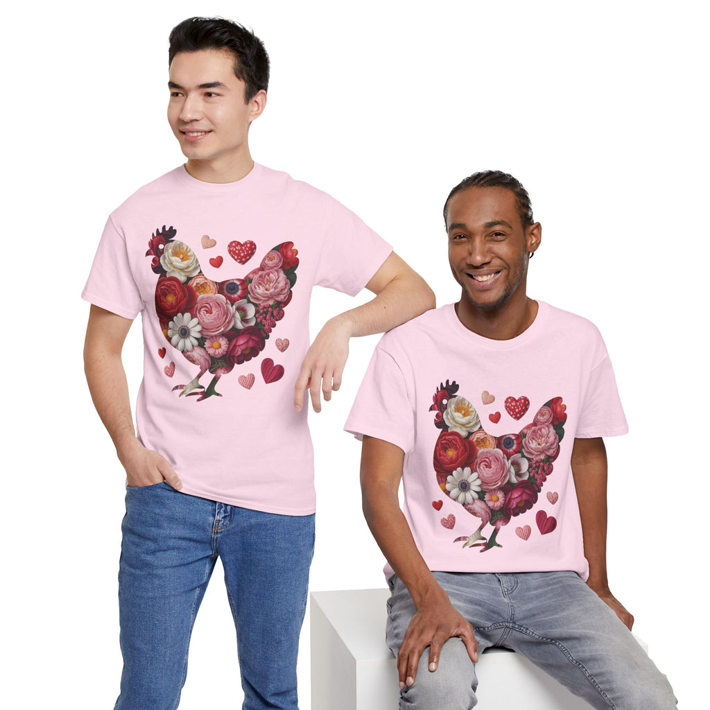 Floral Chicken Heart Tee — Red & Pink Flower Silhouette Unisex Cotton Tee