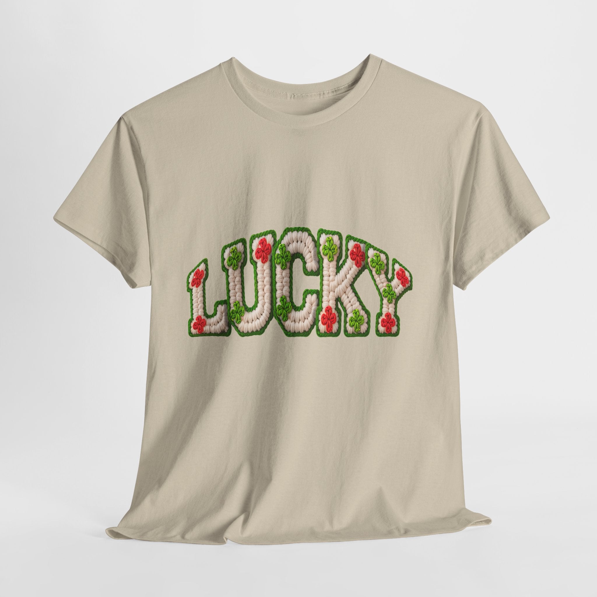 Lucky Crochet Clover T-Shirt — Faux-Yarn Embroidered St. Patrick’s Unisex Cotton Tee