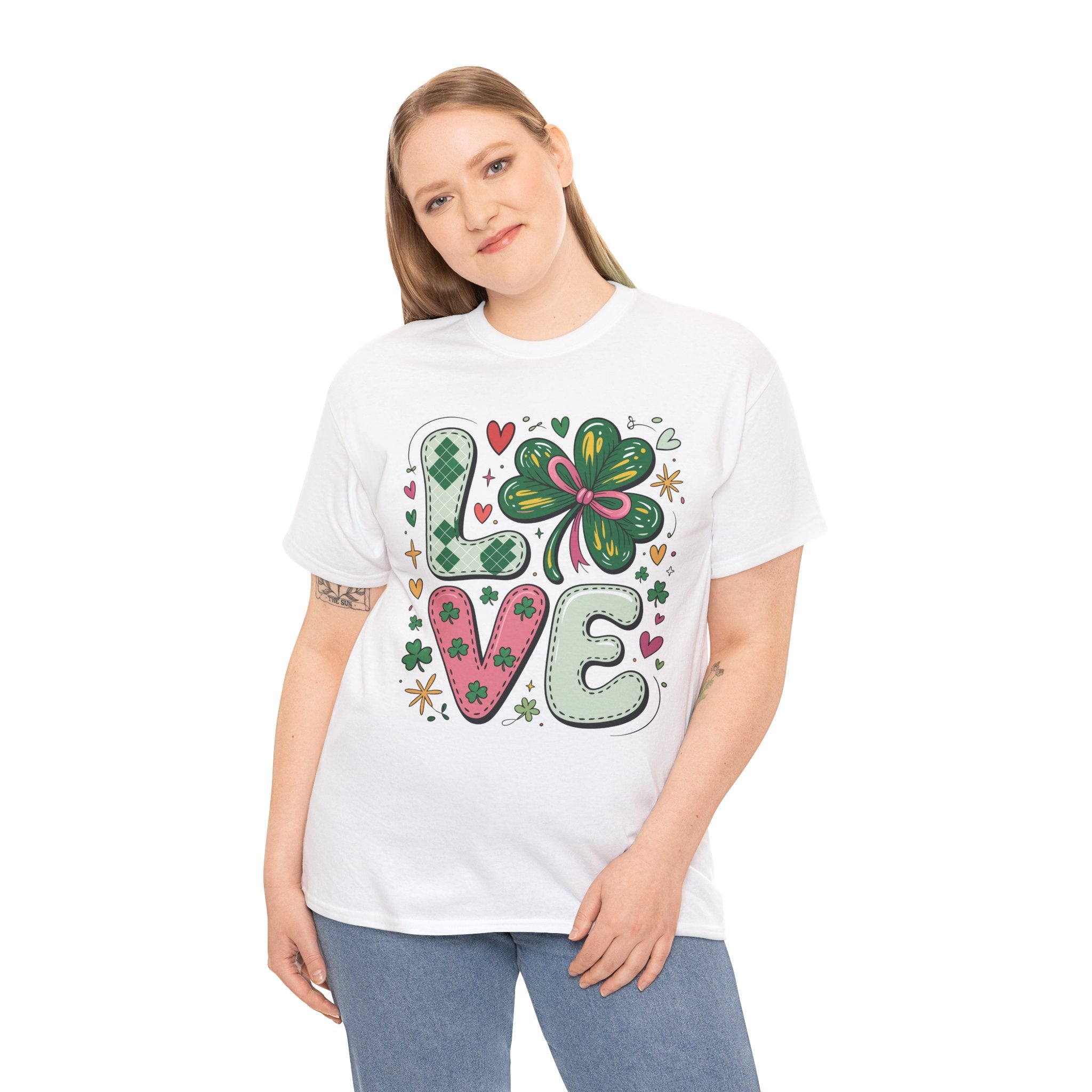 Stitched Clover 'LOVE' Tee — Heart & Patchwork St. Patrick's Unisex Cotton T-Shirt