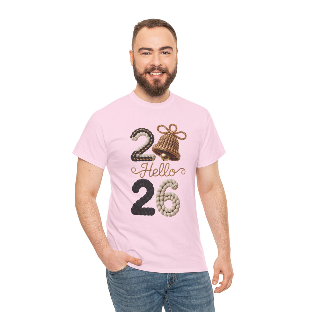 Hello 2026 Tee — Cozy Faux Yarn Braided Numbers with Woven Golden Bell..Unisex Cotton Tee