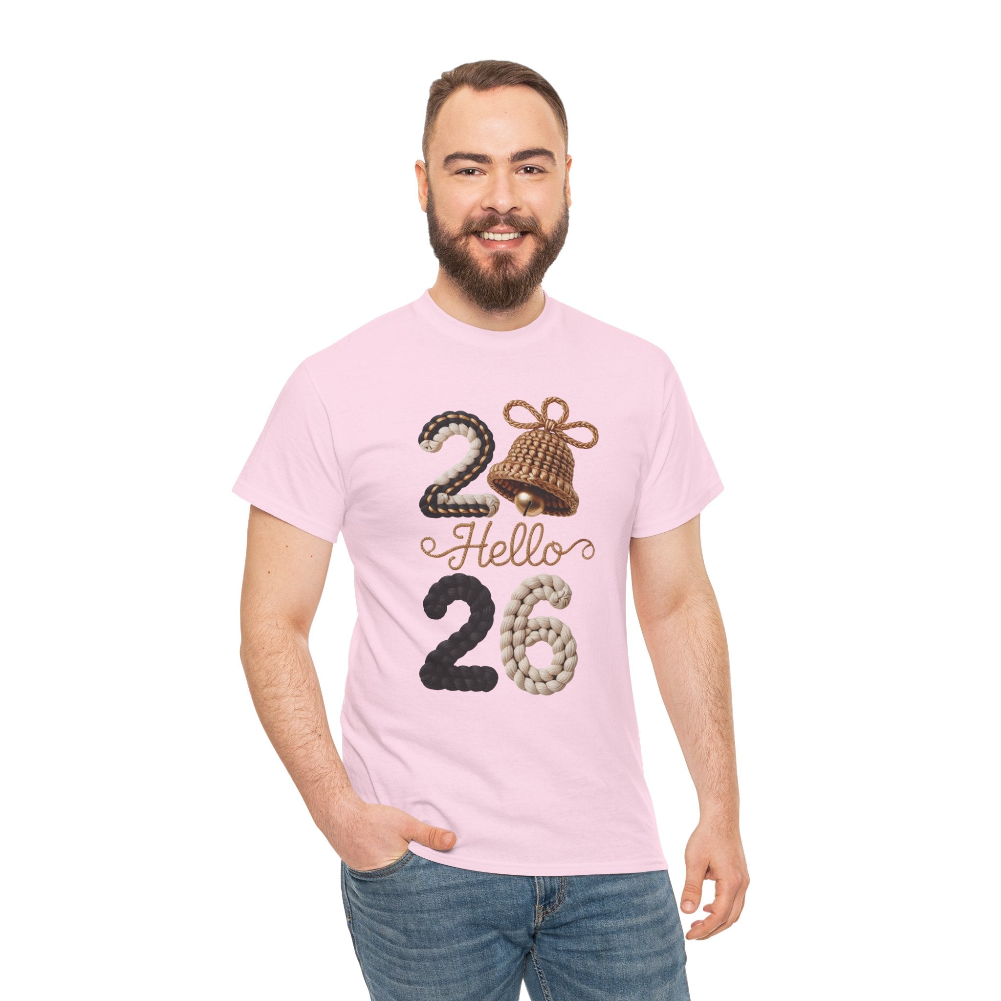 Hello 2026 Tee — Cozy Faux Yarn Braided Numbers with Woven Golden Bell..Unisex Cotton Tee