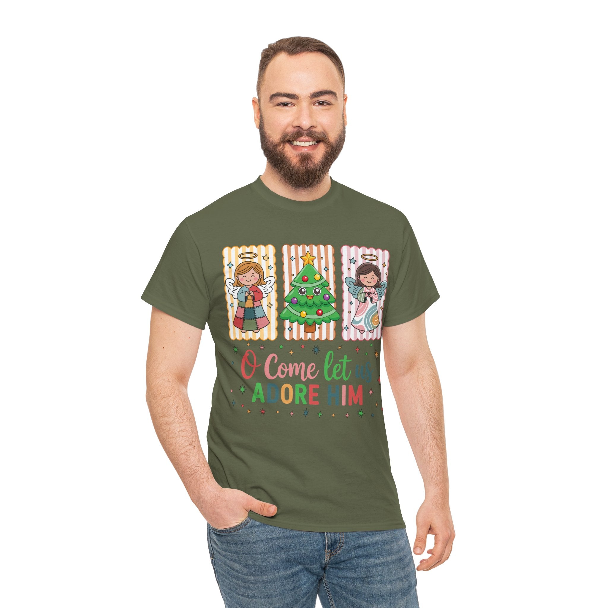 O Come Let Us Adore Him Christmas Tee — Smiling Angels & Happy Tree..Unisex Cotton Tee