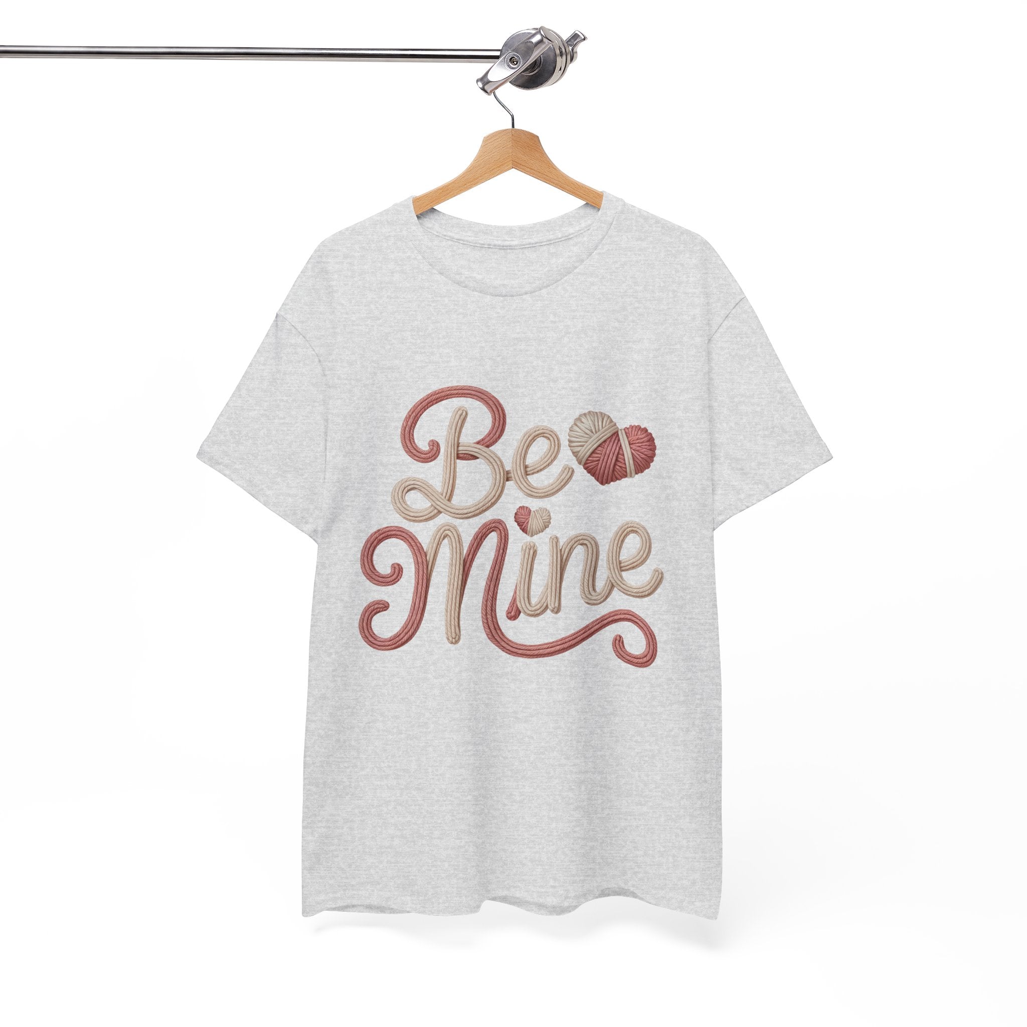Be Mine Yarn Heart T-Shirt — Valentine’s Faux-Yarn Pink & Cream Unisex Cotton Tee
