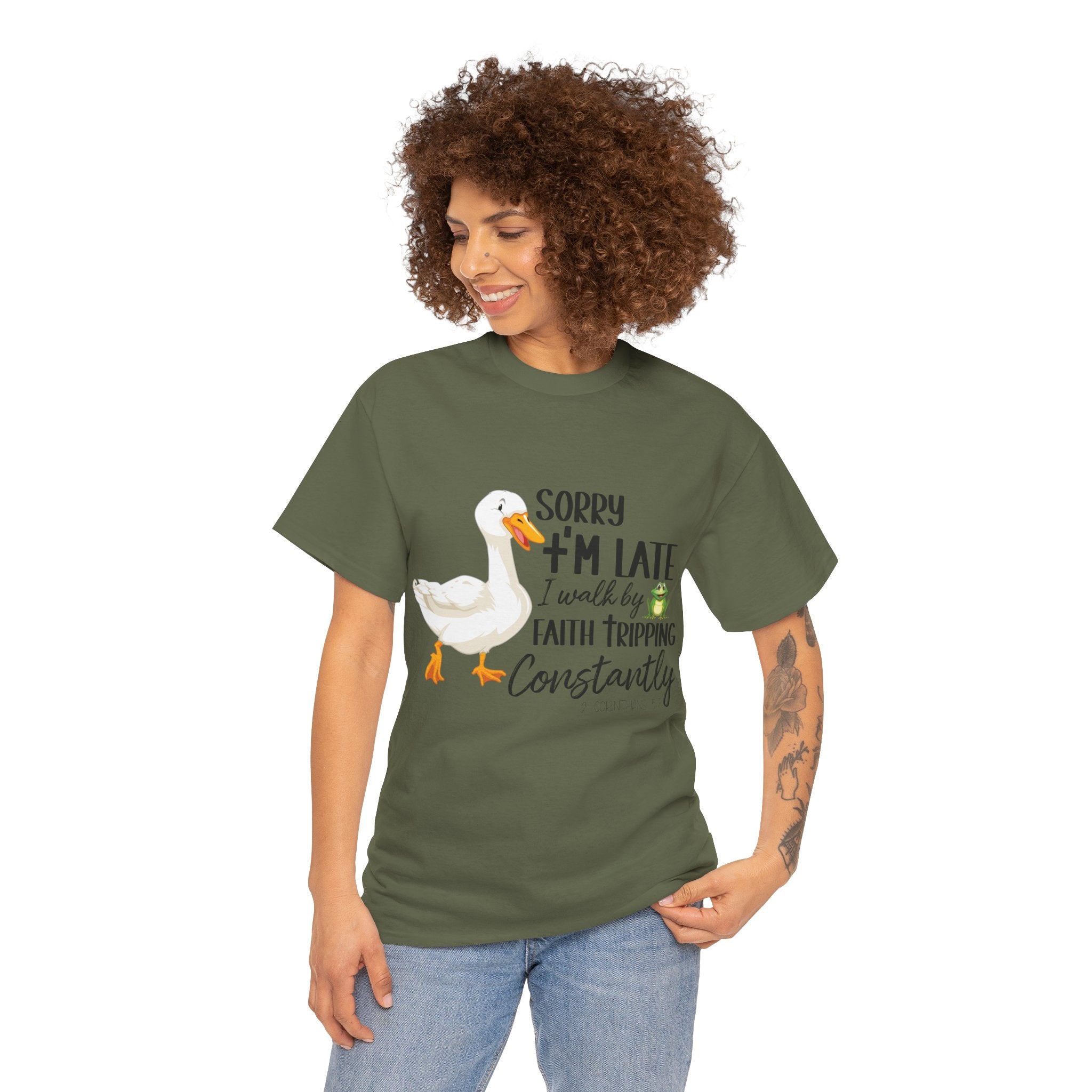 Christian Humor T-Shirt — “Sorry I’m Late, I Walk by Faith Tripping Constantly” (Duck & Frog). Unisex Cotton Tee