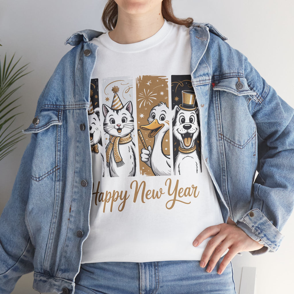 Happy New Year Party Animals T-Shirt — Cute Smiling Animals in Party Hats & Gold Fireworks..Unisex Cotton Tee