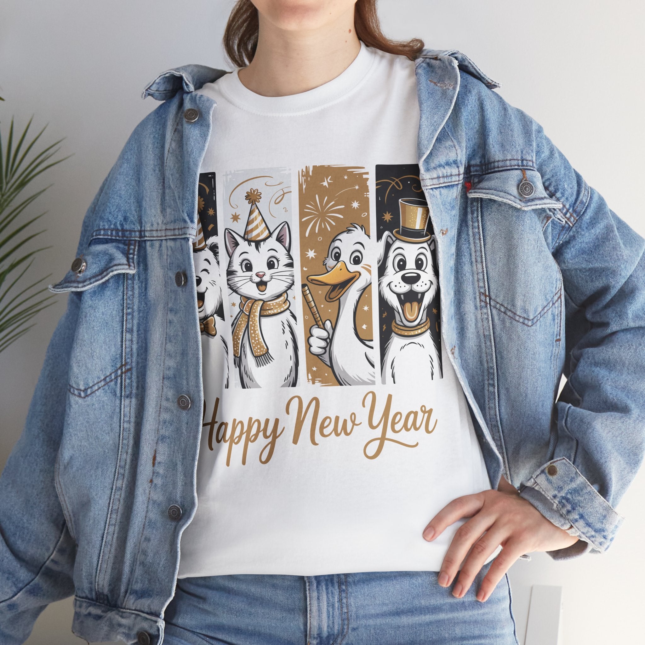 Happy New Year Party Animals T-Shirt — Cute Smiling Animals in Party Hats & Gold Fireworks..Unisex Cotton Tee