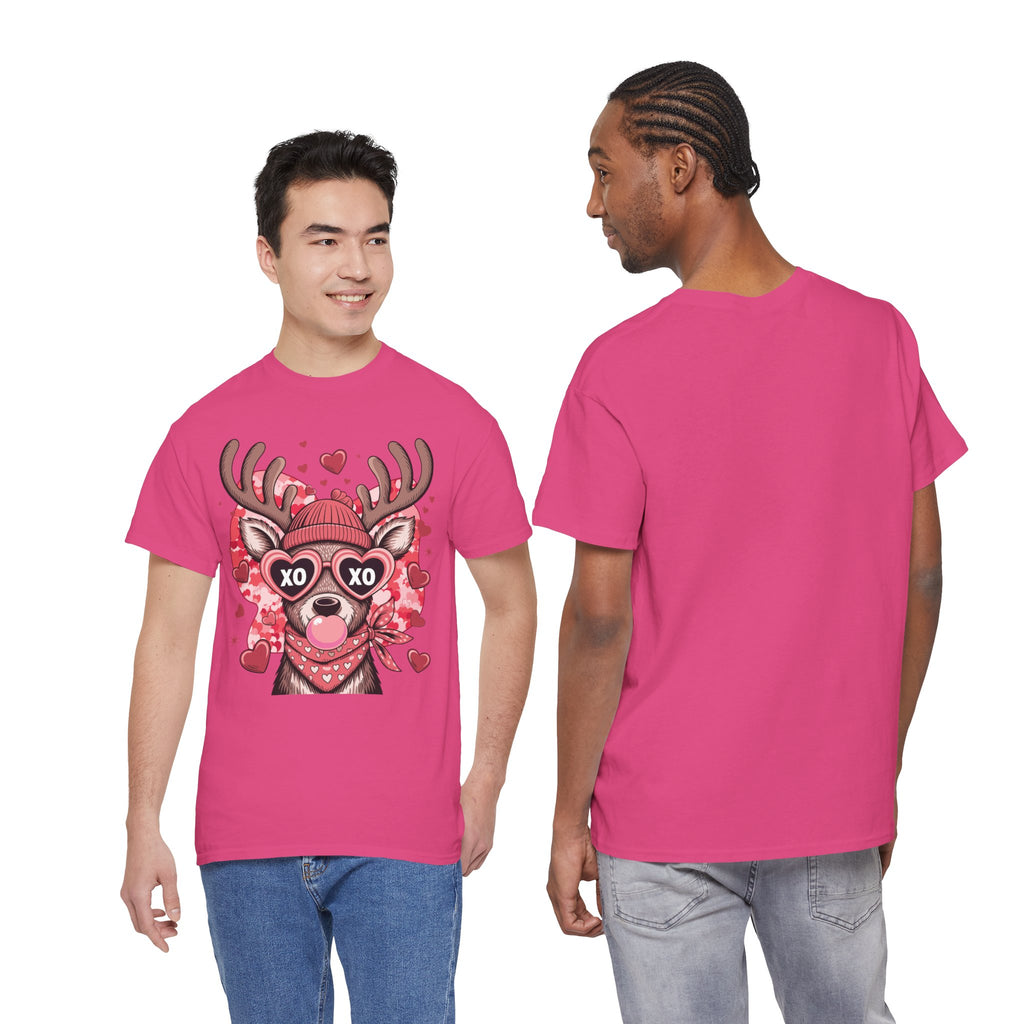 Valentine Deer Tee — Cute XO Heart Glasses, Beanie & Scarf Unisex Cotton Tshirt