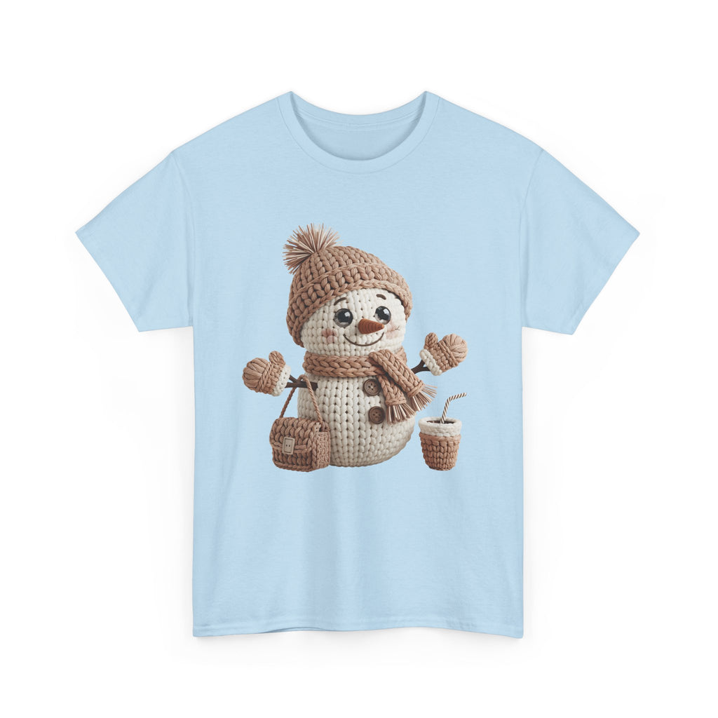 Snowman Knit‑Style Graphic Tee — Cute Faux‑Yarn Snowman with Hat, Scarf & Mittens.Unisex Cotton Tee