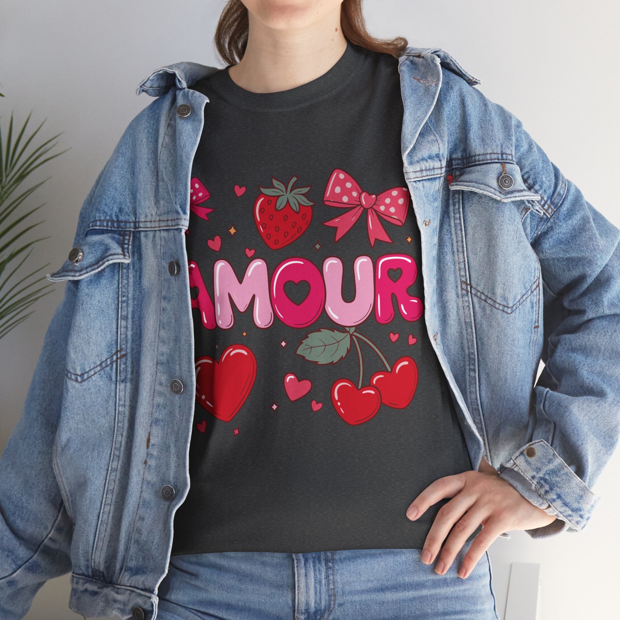 Amour Pink Hearts Tee — Shiny Lettering with Bows, Cherries & Strawberry Accent...Unisex Cotton Tee