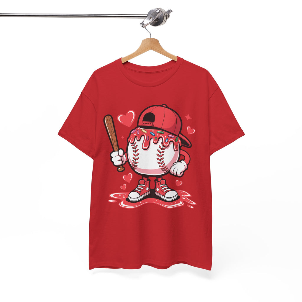 Cute Baseball Character T-Shirt — Red Cap & Icing Top Graphic with Hearts Unisex Cotton Tee