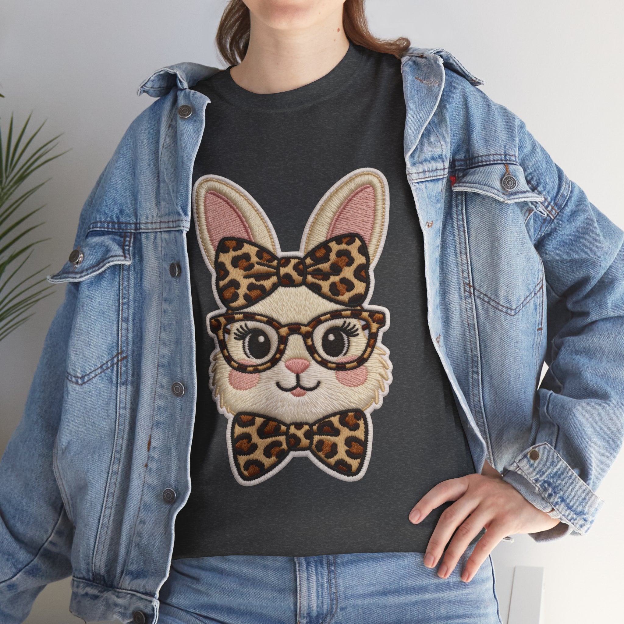 Leopard Bow Bunny Embroidered Tee — Cute Bunny Face with Glasses Patch Unisex Cotton Tee