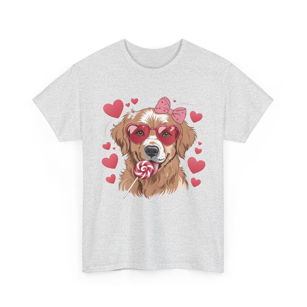 Valentine Dog T-Shirt — Cute Pup with Heart Glasses, Pink Bow & Lollipop..Unisex Cotton Tee