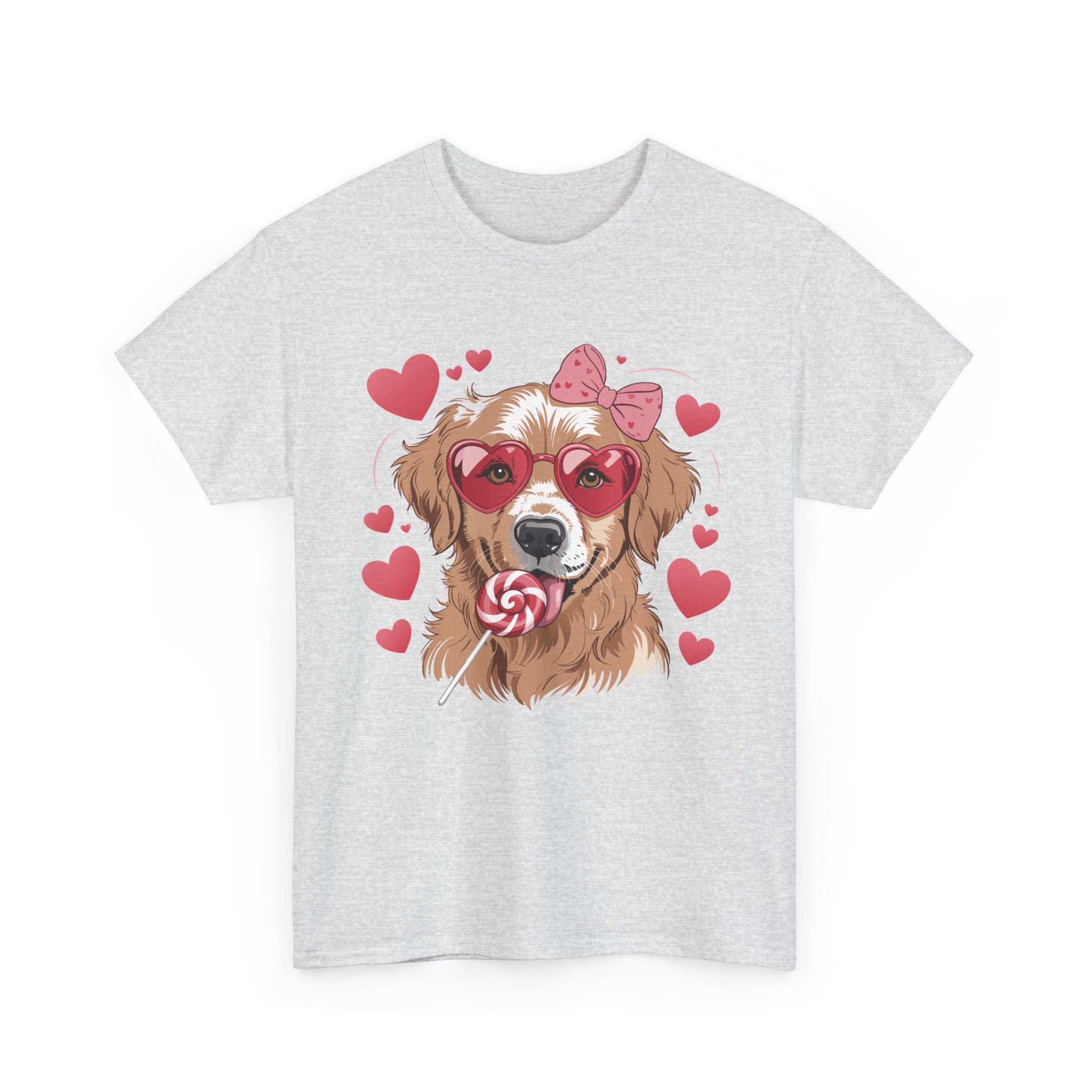 Valentine Dog T-Shirt — Cute Pup with Heart Glasses, Pink Bow & Lollipop..Unisex Cotton Tee
