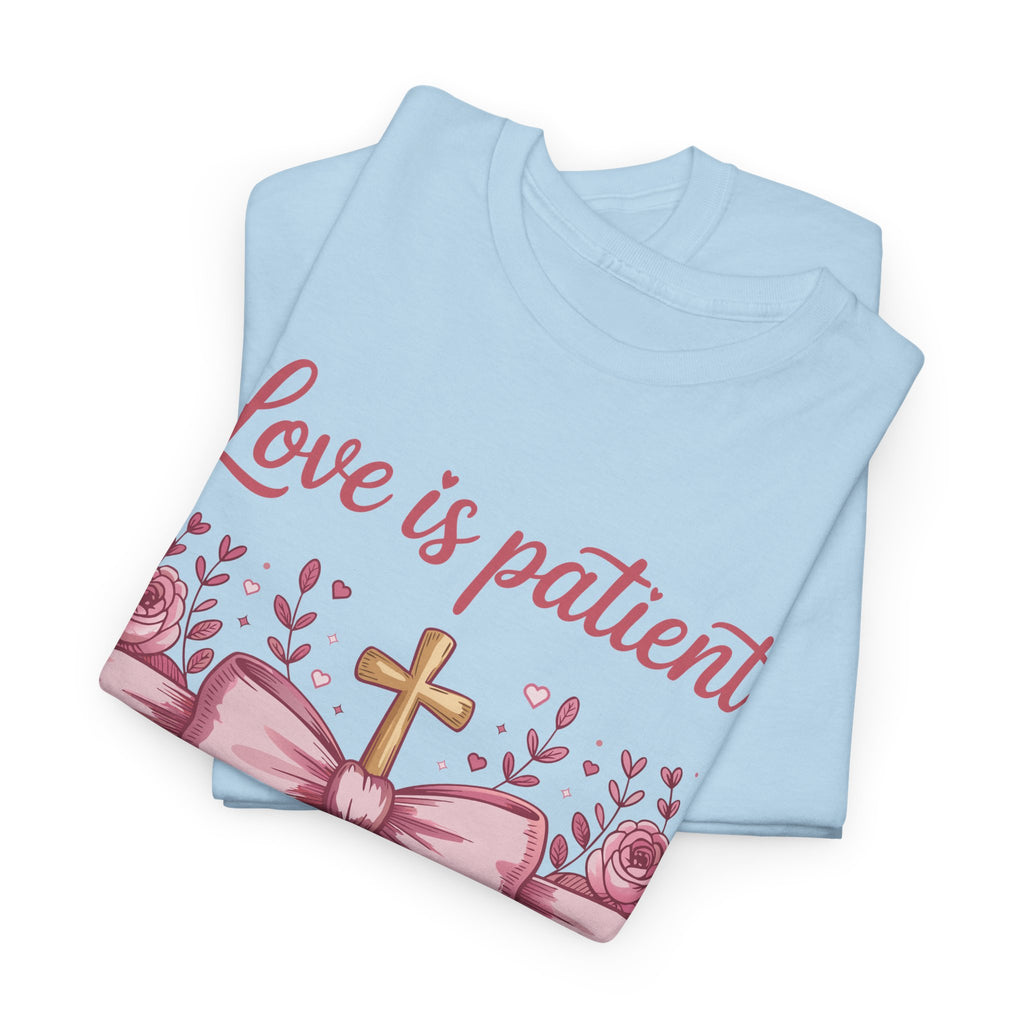 Christian Floral Tee — "Love is Patient, Love is Kind" Pink Rose Cross. Unisex Cotton Tee
