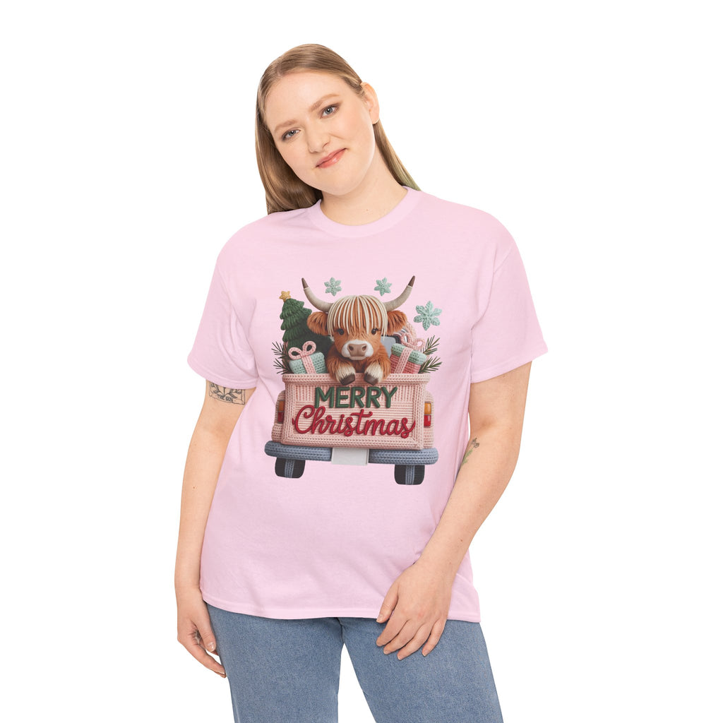 Merry Christmas Highland Cow Knit Truck Unisex Cotton T-Shirt