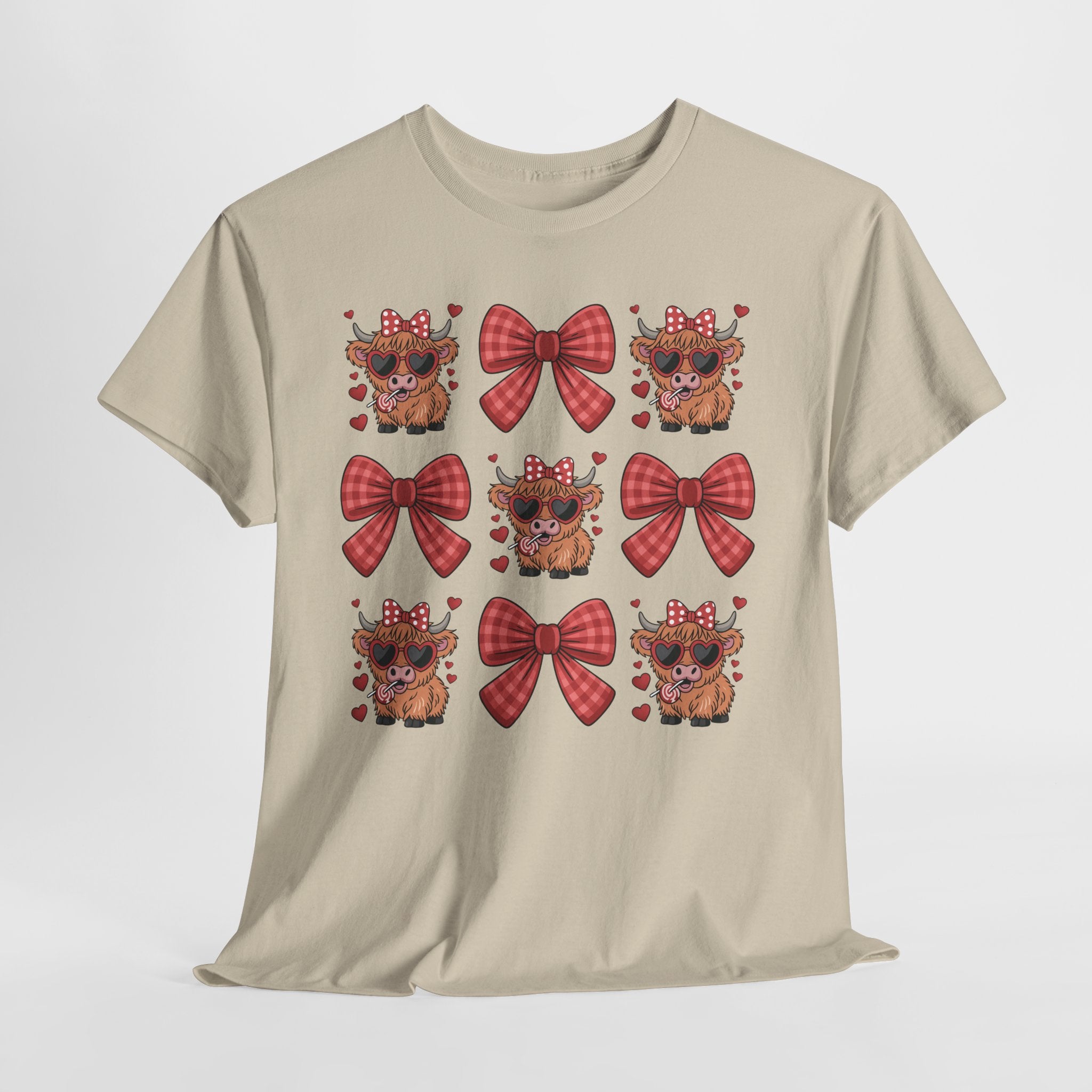 Valentine Cow Checkered Tee — Fluffy Cows with Heart Sunglasses & Red Bows..Unisex Cotton Tee