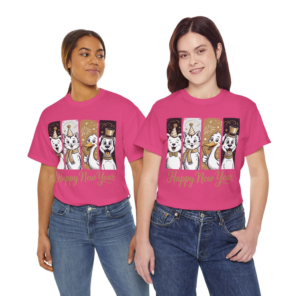 Happy New Year Party Animals T-Shirt — Cute Smiling Animals in Party Hats & Gold Fireworks..Unisex Cotton Tee