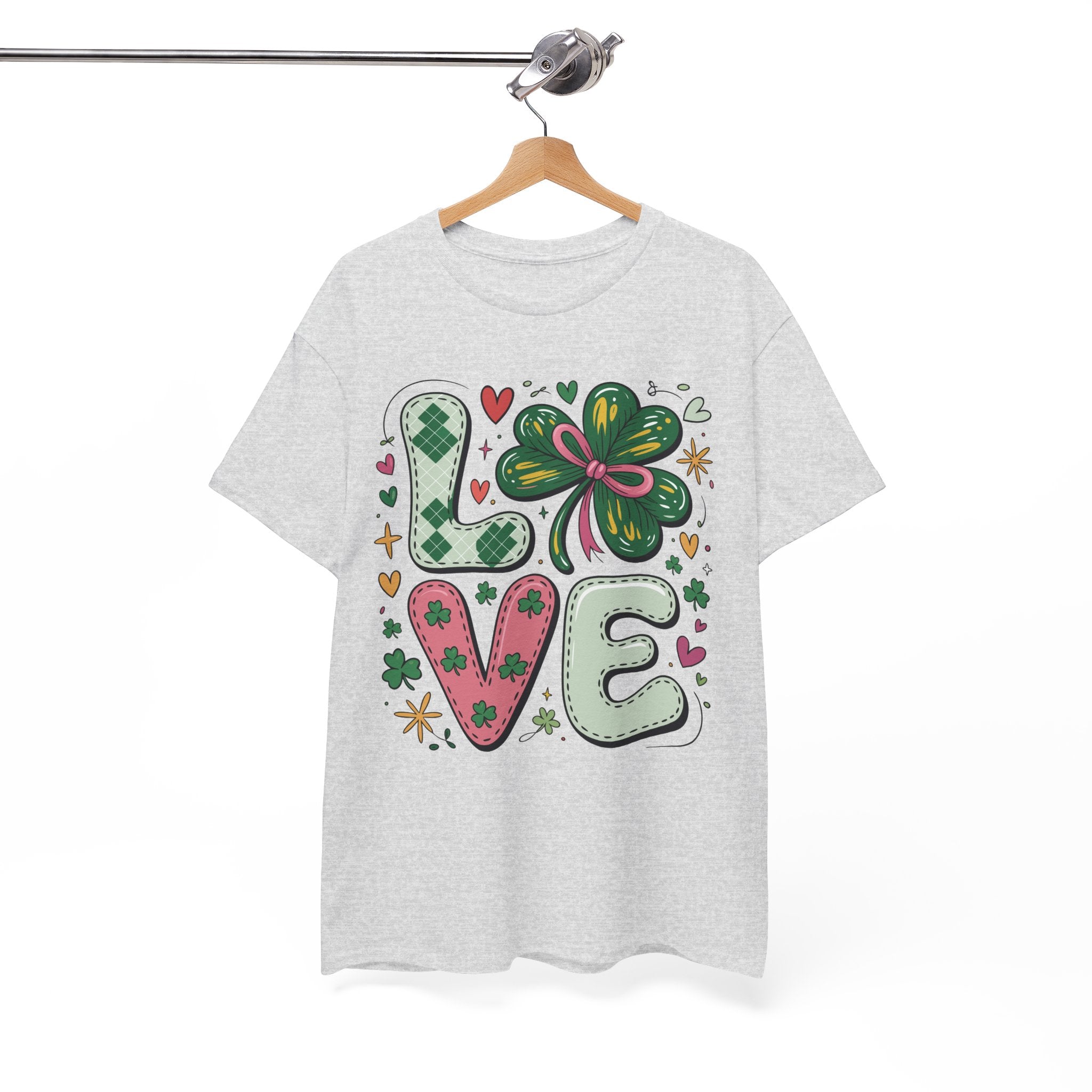 Stitched Clover 'LOVE' Tee — Heart & Patchwork St. Patrick's Unisex Cotton T-Shirt