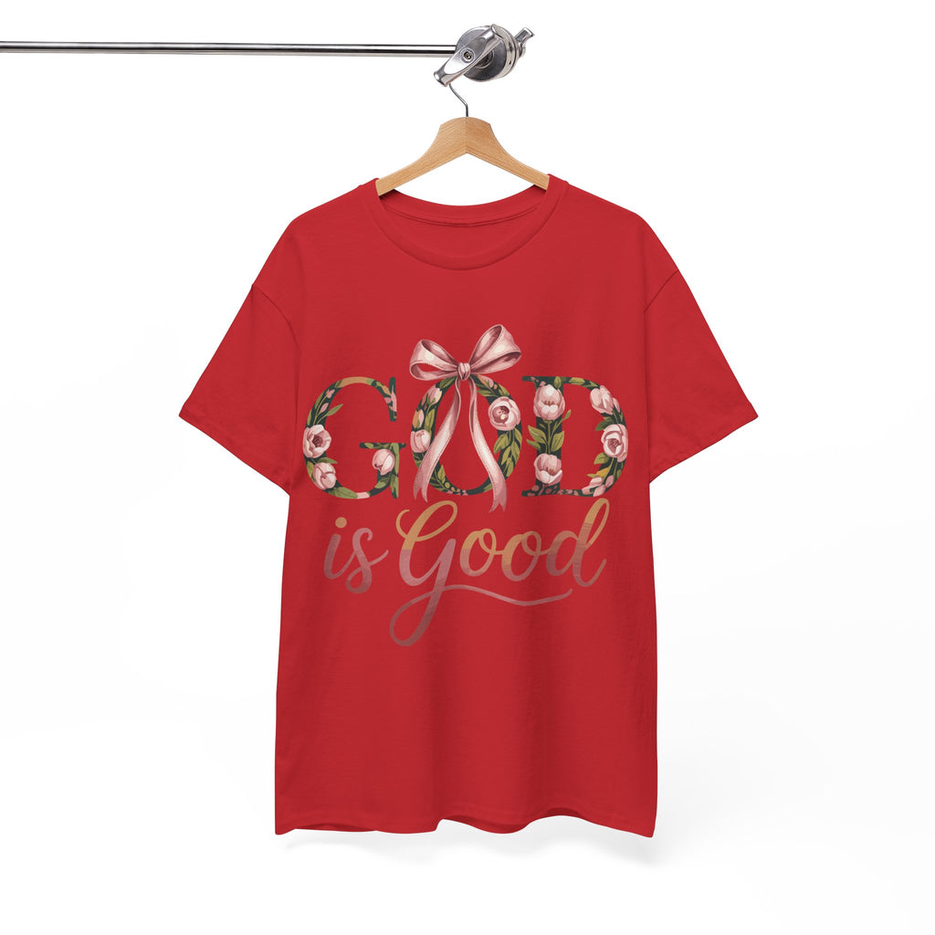 God Is Good Pink Rose Tee — Floral Ribbon Faith Unisex Cotton T-Shirt