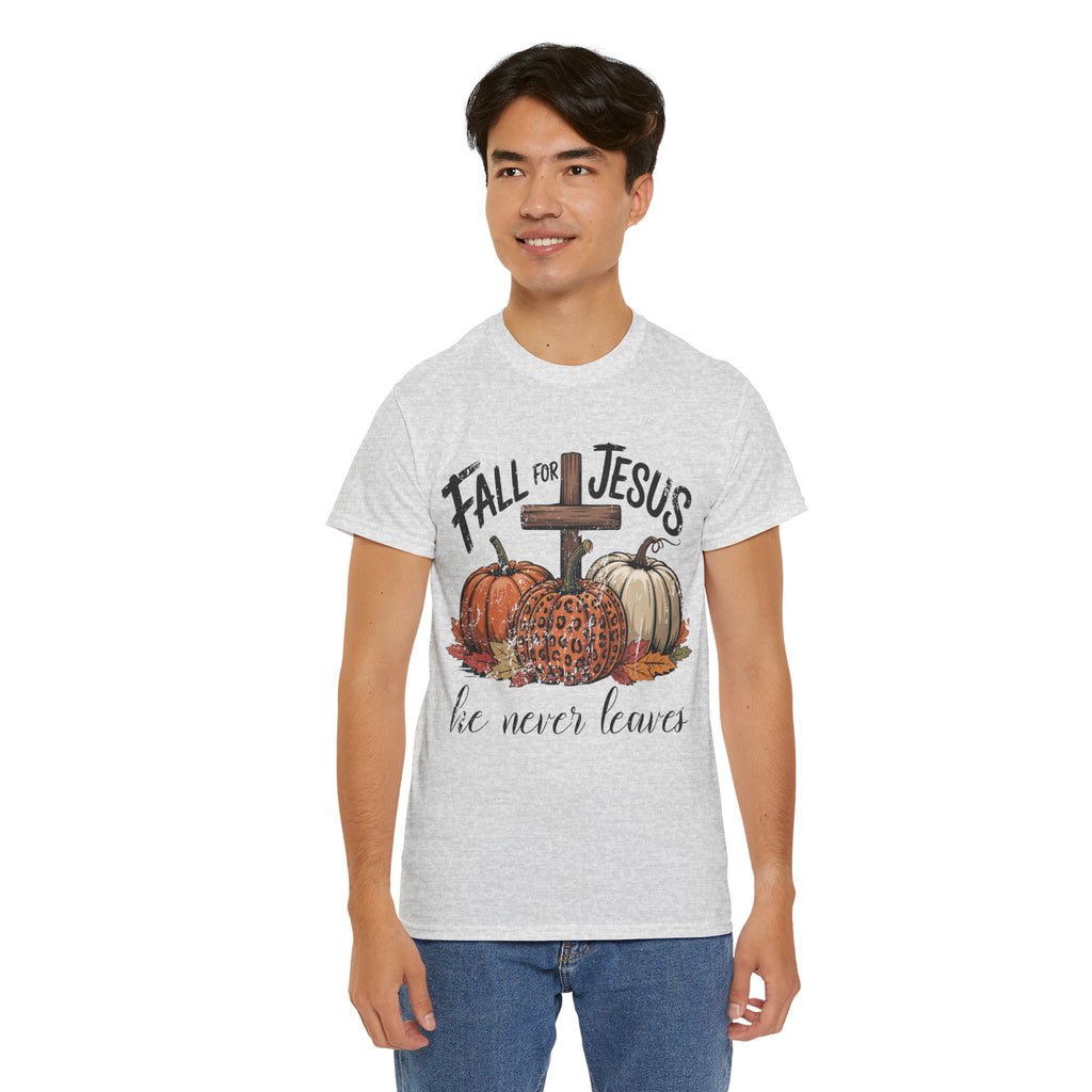 Fall for Jesus Pumpkin Cross Tee — "He Never Leaves" Autumn Christian Unisex Cotton T-Shirt