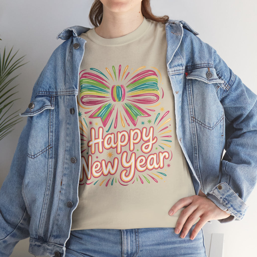 Happy New Year Pastel Tee — Rainbow Bow & Fireworks Celebration Unisex Cotton Tshirt