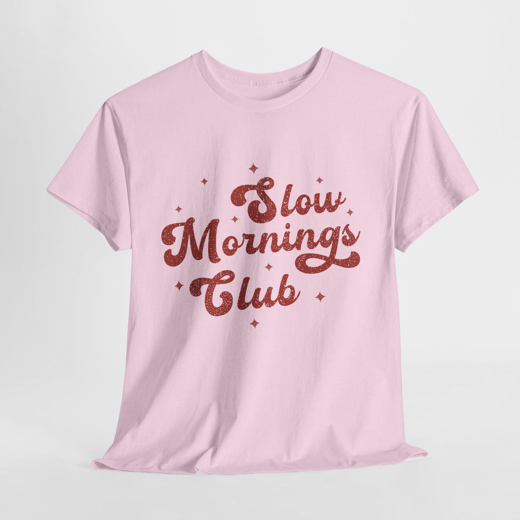Slow Mornings Club T-Shirt — Retro Red Sparkle Unisex Cotton Tee