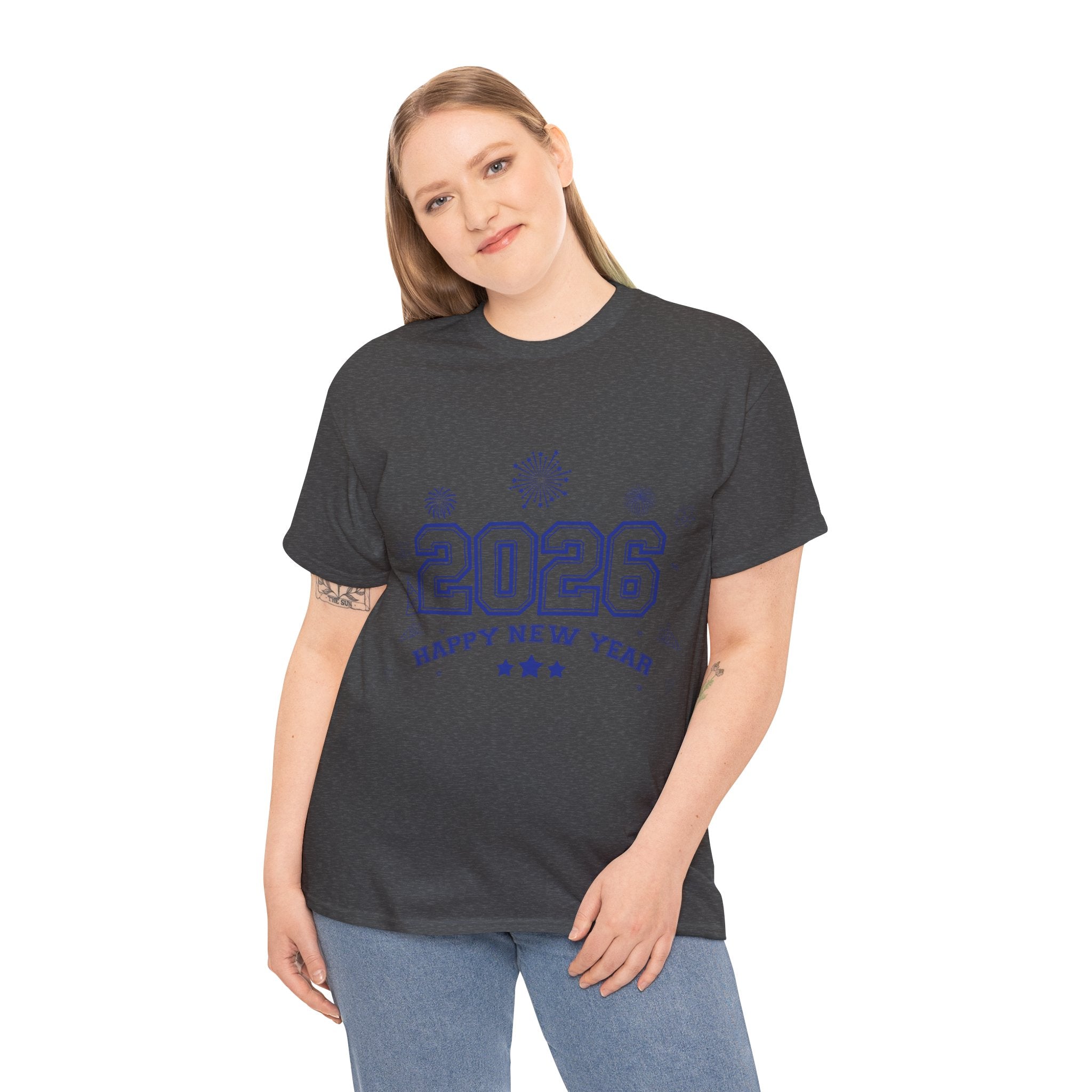 Happy New Year 2026 Varsity Tee — Fireworks & Confetti Celebration Unisex Cotton Tee