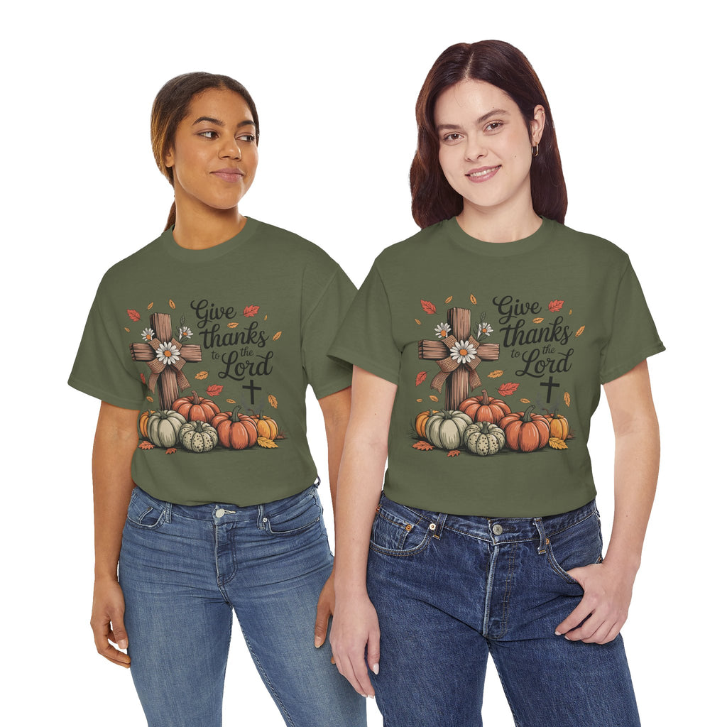 Give Thanks to the Lord Autumn Tee — Wooden Cross, Pumpkins & Daisies..Unisex Cotton Tee