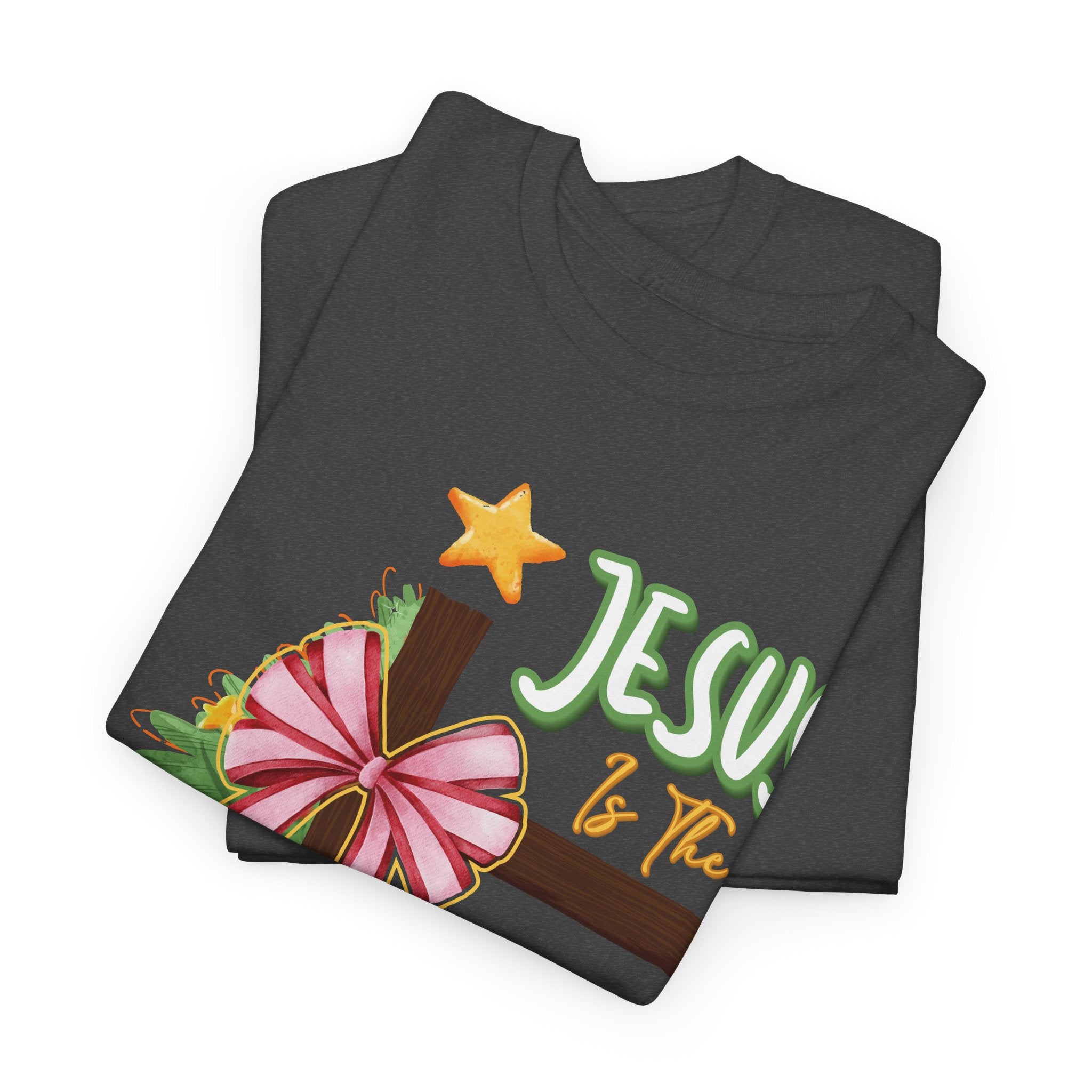 Jesus Is the Reason for the Season Christmas Tee — Cross with Pink Bow & Tree. Unisex Cotton Tee