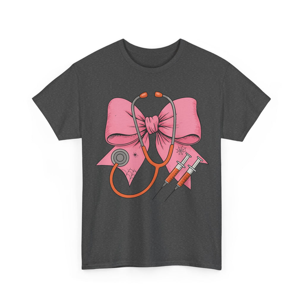 Halloween Nurse T‑Shirt — Pink Nurse Bow with Stethoscope, Syringes & Spider Webs..Unisex Cotton Tee
