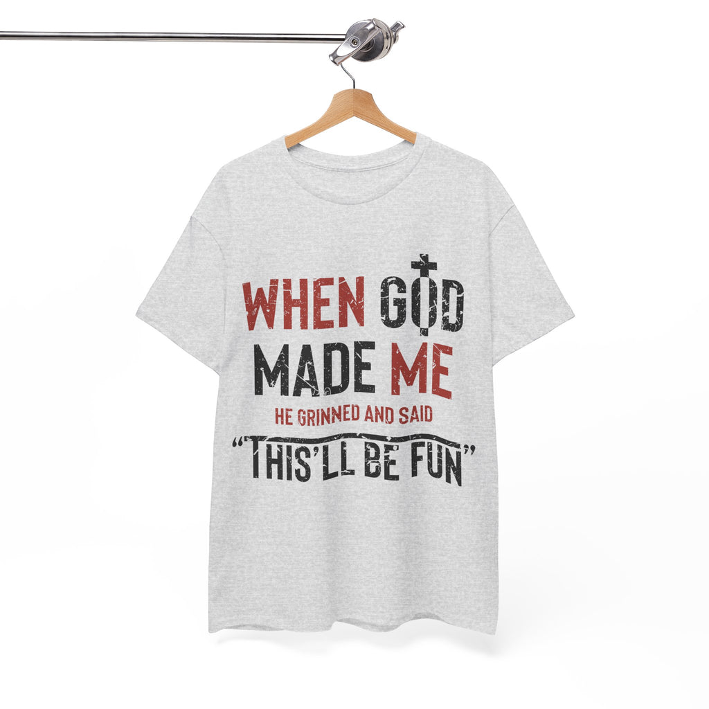 Humorous Grunge Quote Tee — "When He Saw Me, He Grinned and Said"Unisec Cotton Tee