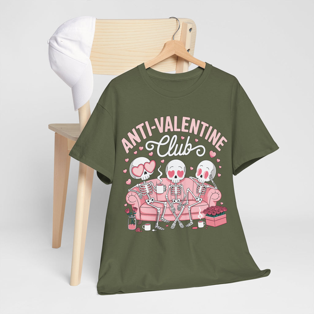 Anti-Valentine Club Skeleton Tee — Anti-Romance Pink Couch Graphic Unisex Cotton T-Shirt