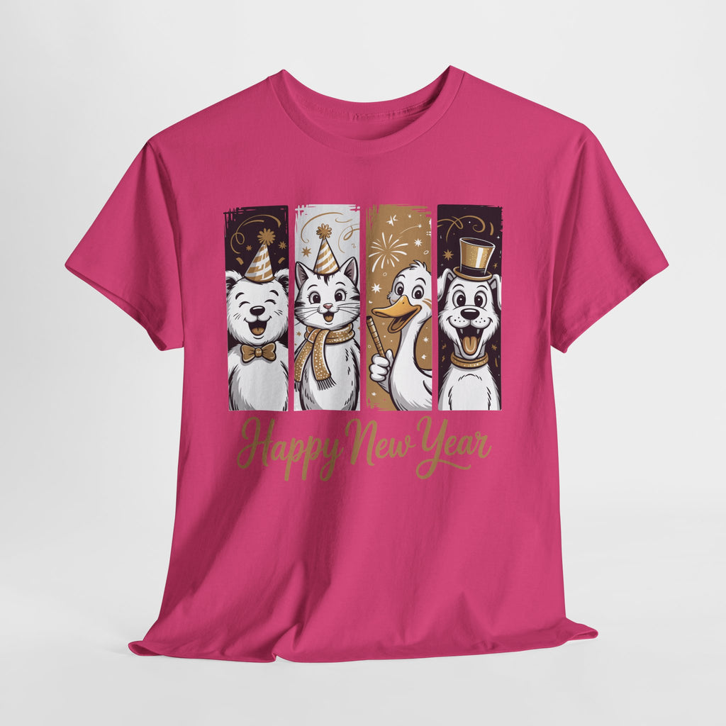 Happy New Year Party Animals T-Shirt — Cute Smiling Animals in Party Hats & Gold Fireworks..Unisex Cotton Tee