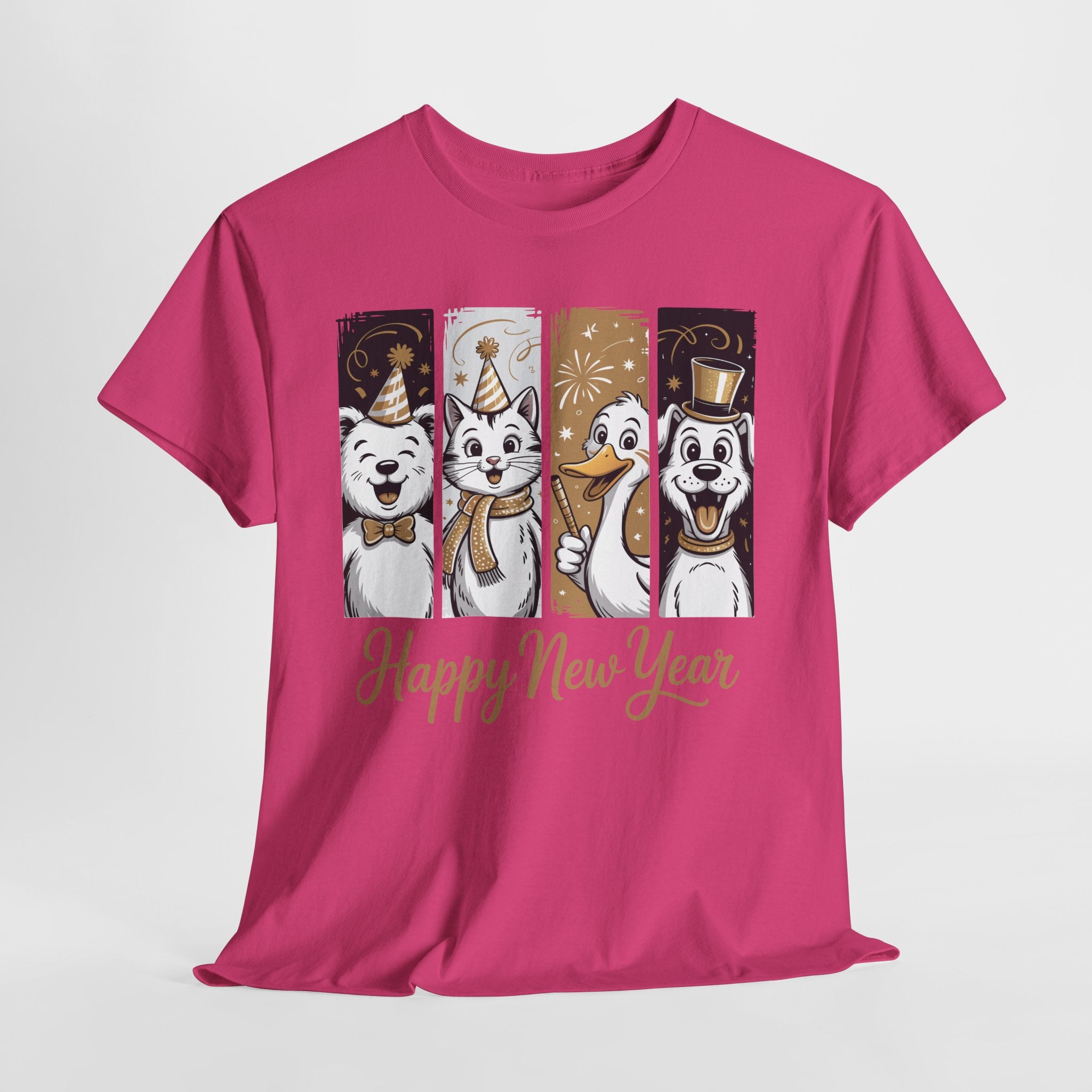 Happy New Year Party Animals T-Shirt — Cute Smiling Animals in Party Hats & Gold Fireworks..Unisex Cotton Tee