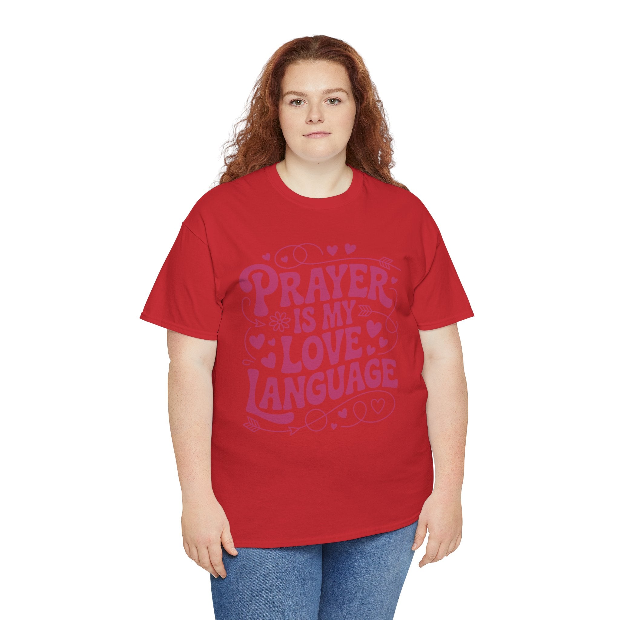 Prayer Is My Love Language Christian Tee — Pastel Pink Hearts Unisex Cotton Tee