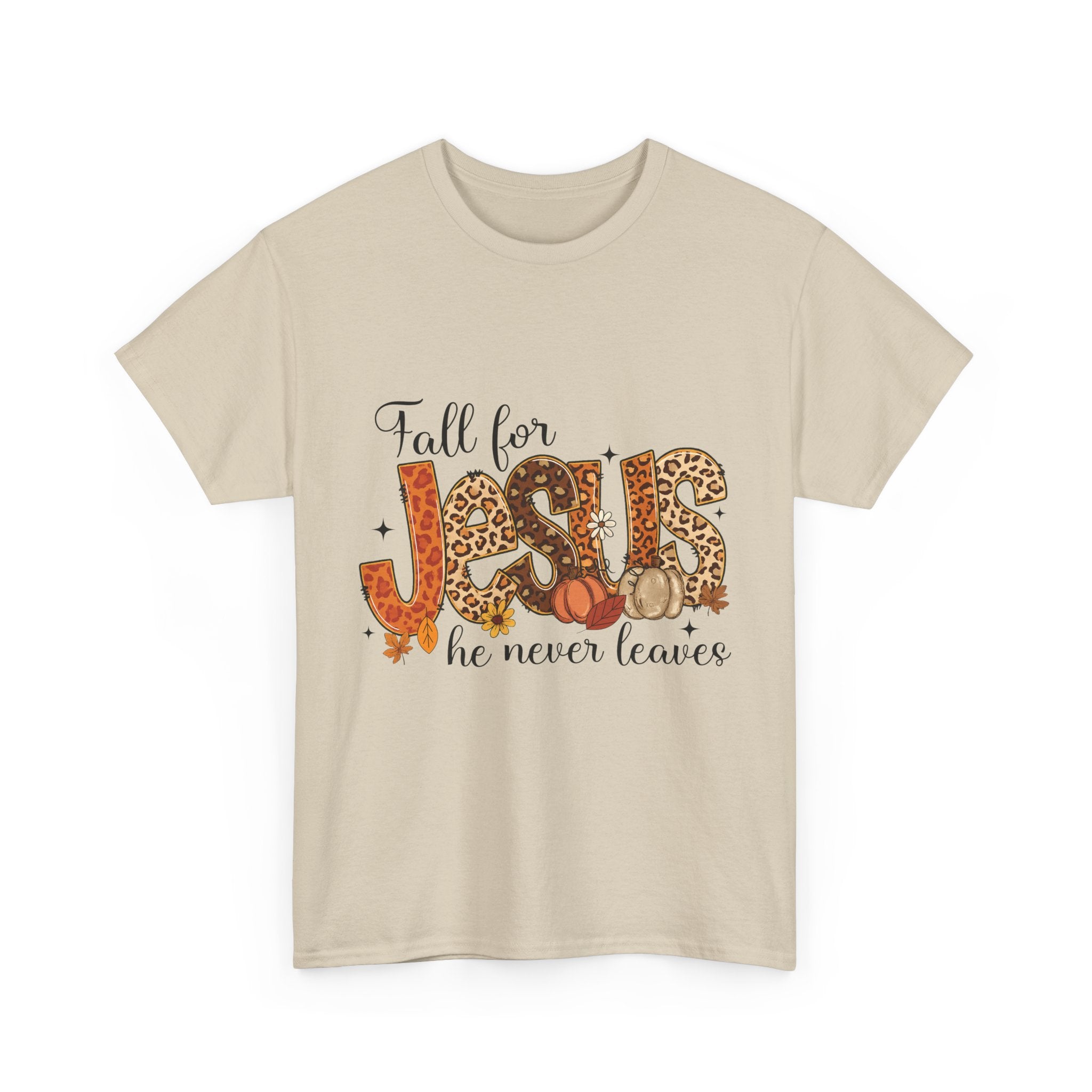 JESUS Leopard Print Fall T-Shirt — Pumpkins, Leaves & Floral Christian Unisex Cotton Tee