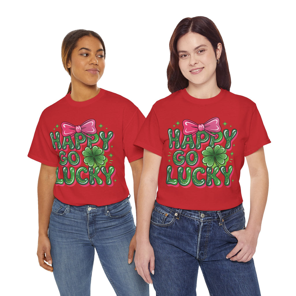 Happy Go Lucky Four-Leaf Clover Tee — Glossy Green Letters & Pink Bow Unisex Cotton Tee