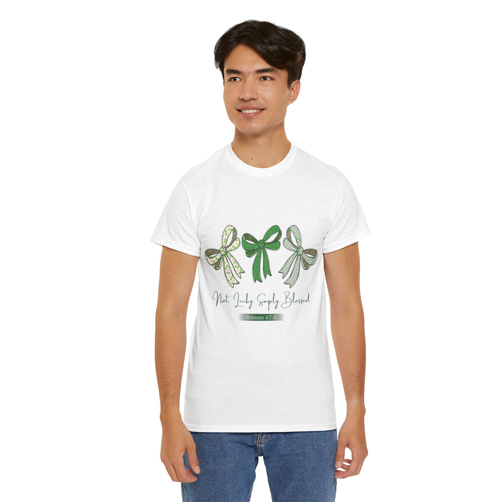 Not Lucky Simply Blessed Tee — Romans 4:7-8 Green Bow Christian Unisex Cotton T-Shirt