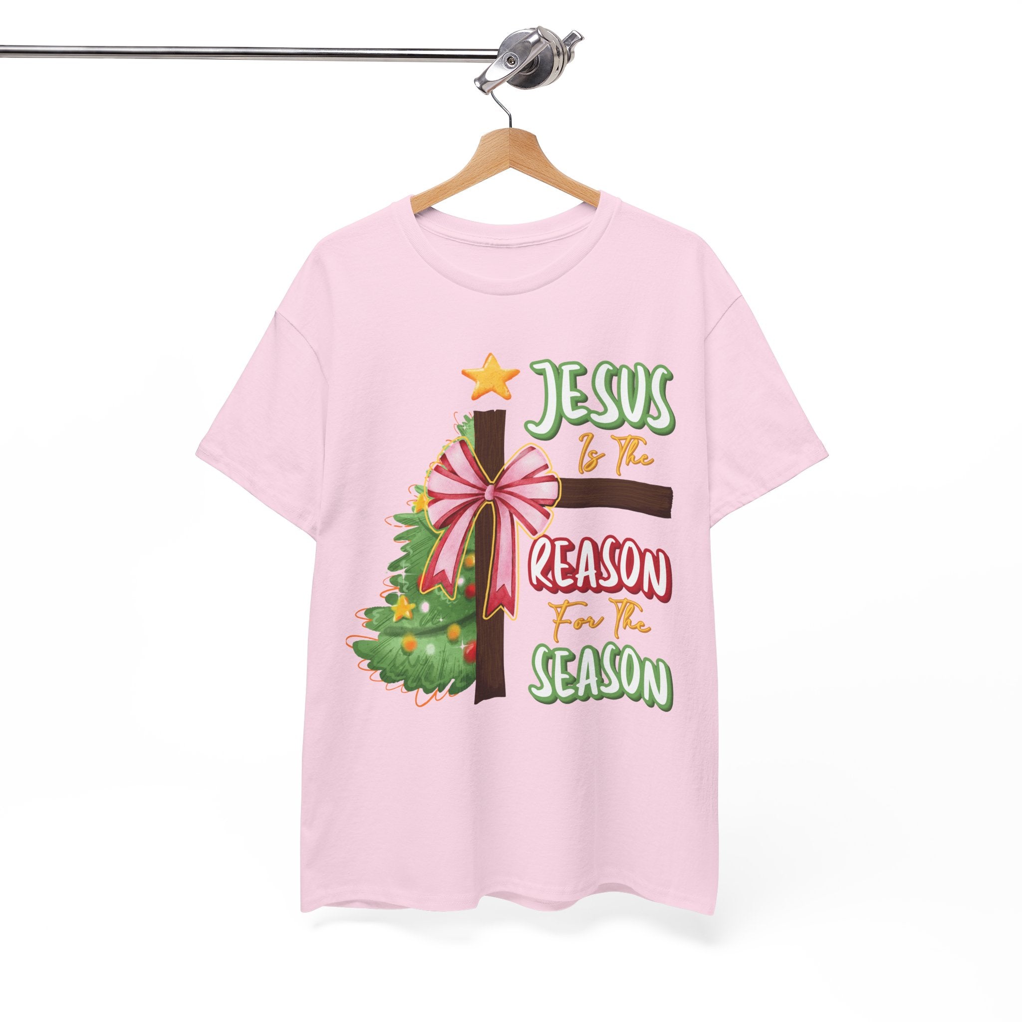 Jesus Is the Reason for the Season Christmas Tee — Cross with Pink Bow & Tree. Unisex Cotton Tee
