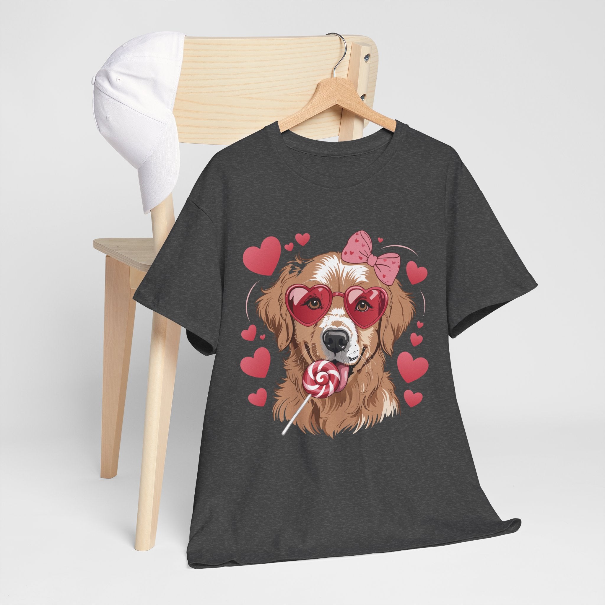 Valentine Dog T-Shirt — Cute Pup with Heart Glasses, Pink Bow & Lollipop..Unisex Cotton Tee