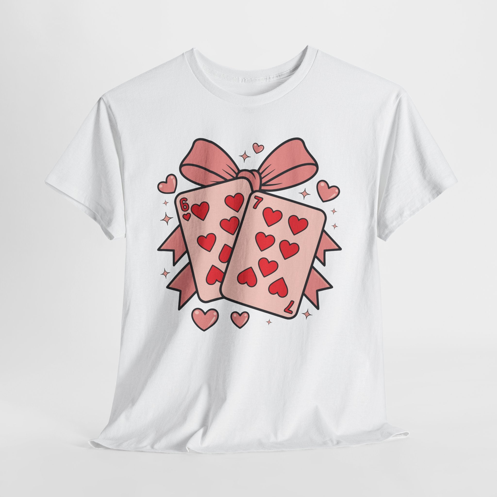 6 & 7 of Hearts T-Shirt — Paired Playing Cards with Pink Bow Unisex Cotton Tee